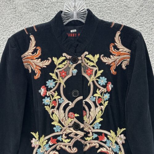 Johnny Was Dress Womens Medium M Black Embroidered Floral Birds Button Front - Picture 3 of 11
