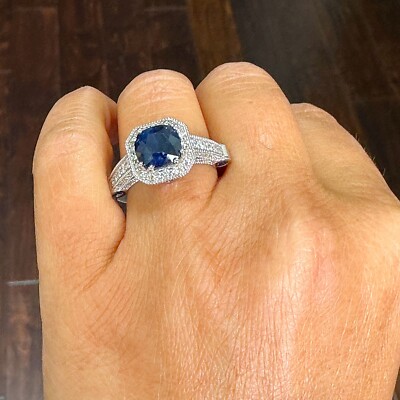 14K White Gold Cushion Natural Sapphire And Diamonds Engagement Ring Halo 4.00ct