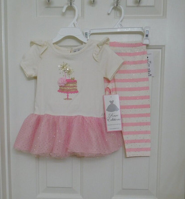 NWT 2pc Rare Editions Sparkly Pink Tutu Cake Party Top & Leggings sz 24 Months