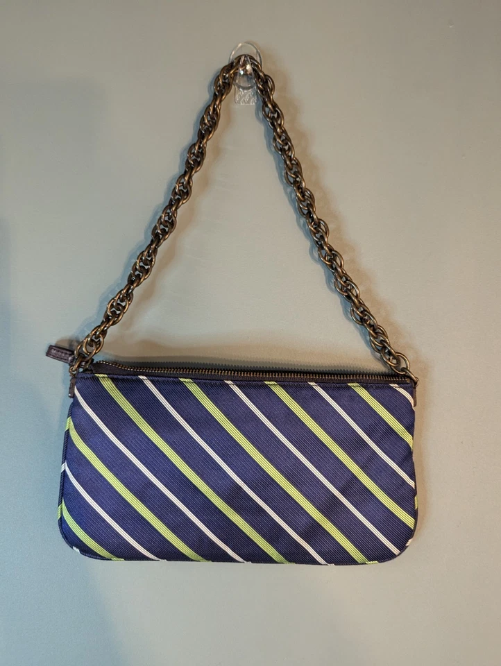 J. Crew Shoulder Bag Blue With Green And White Stripe 100 Percent Silk purse - Image 4 of 4