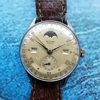 Vintage Record Datofix Moonphase Hand-Winding Men's Wristwatch Serviced!