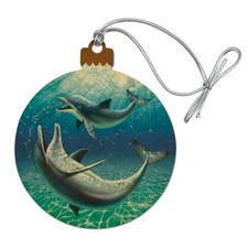 Dolphin and Baby Having Fun Ocean Wood Christmas Tree Holiday Ornament