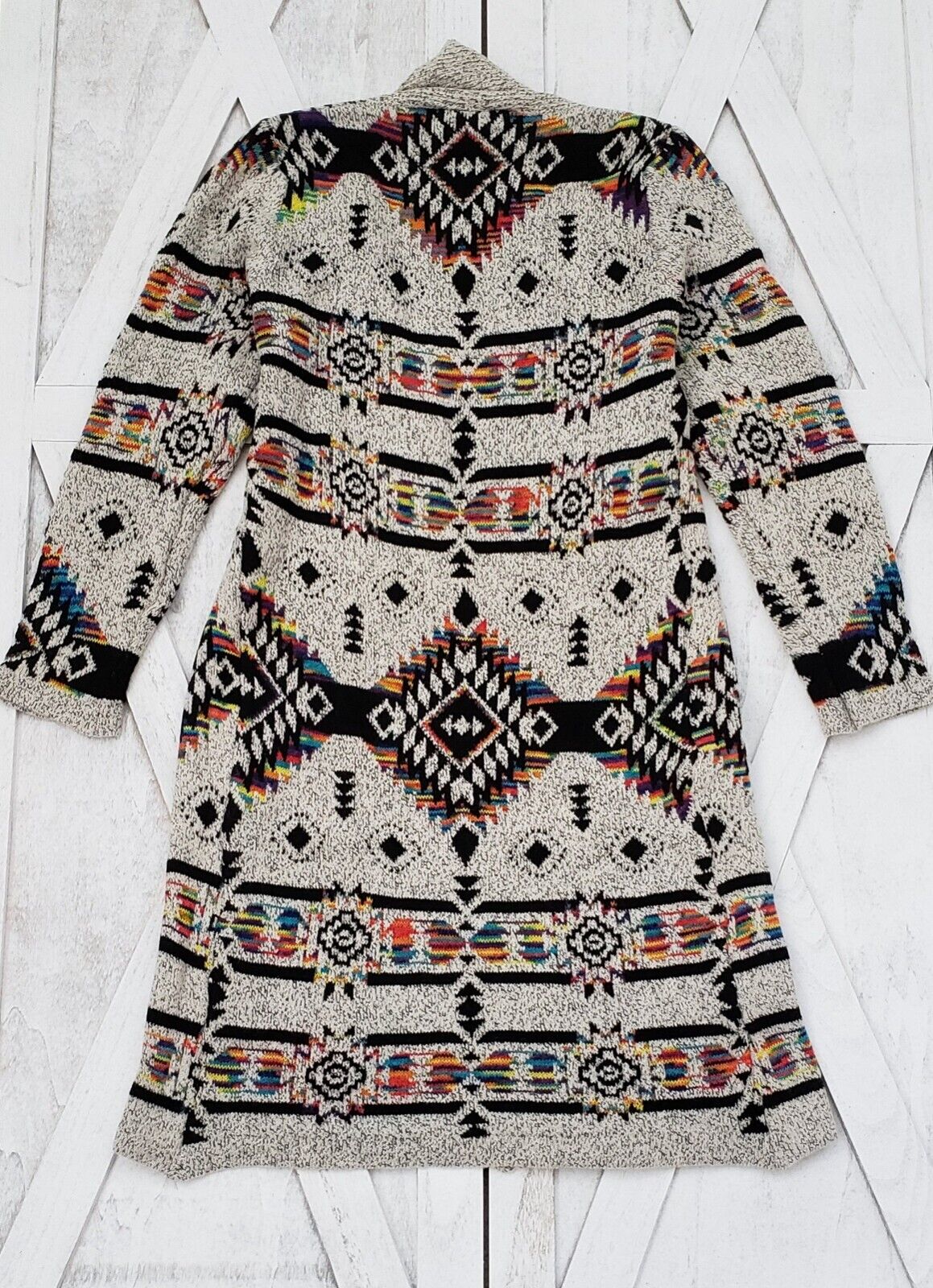 Boho Aztec Tribal Western Knit Long Cardigan Sweater Duster Coat Top Outerwear S