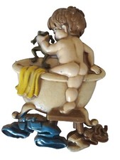 Vtg. Sexton 1975 Bathroom wall cast deco Plaque little boy Frog