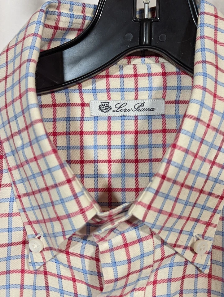Loro Piana Red Blue Cream Flannel Plaid Windowpane Shirt 18 | 45 Italy - Image 4 of 4