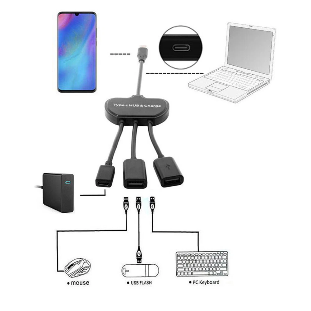 USB-C OTG Cable Dual Ports USB Hub With Type-C Power Charging Port