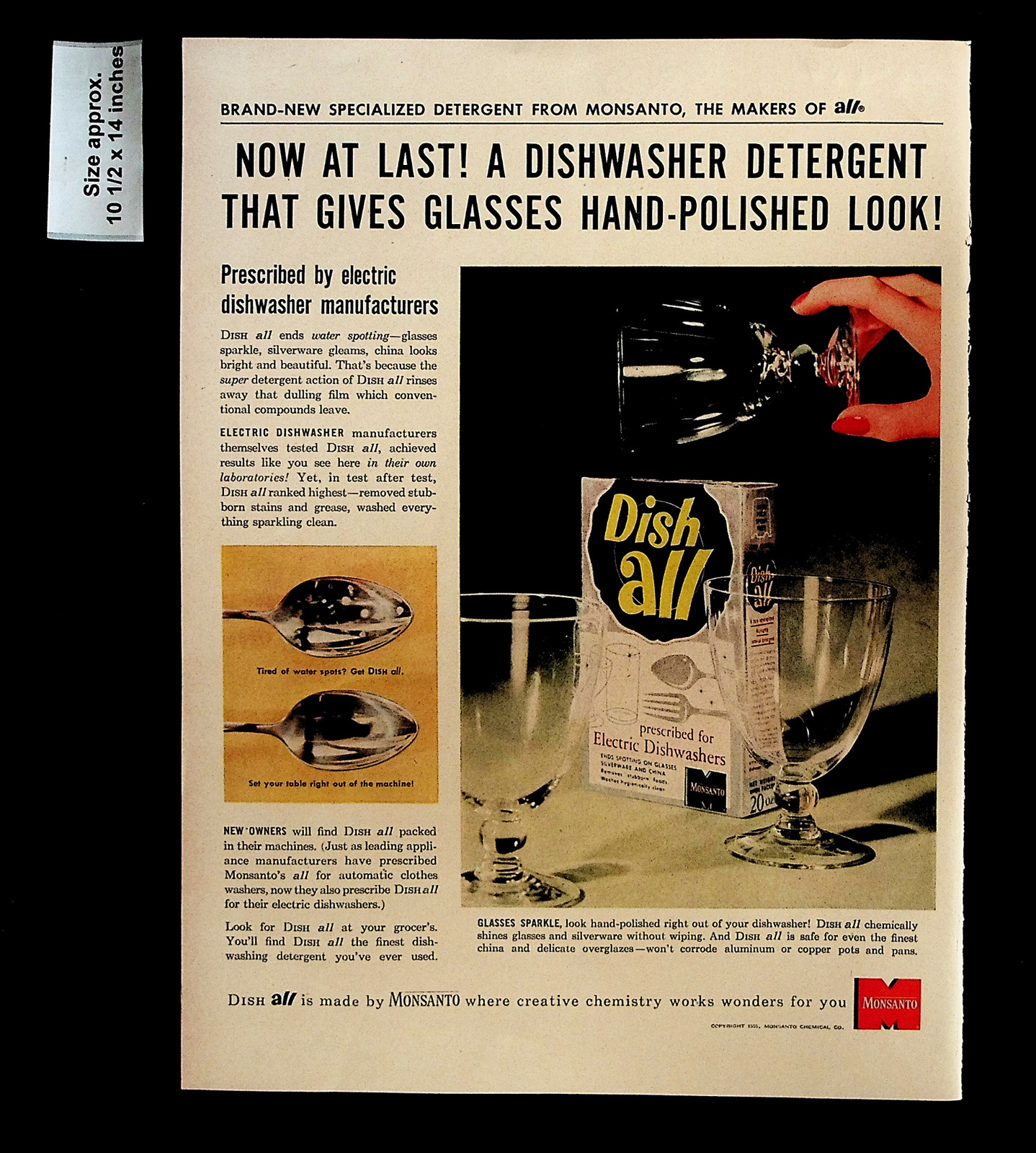 1955 Monsanto Electric Dishwasher Detergent Home Vintage Print Ad 33689