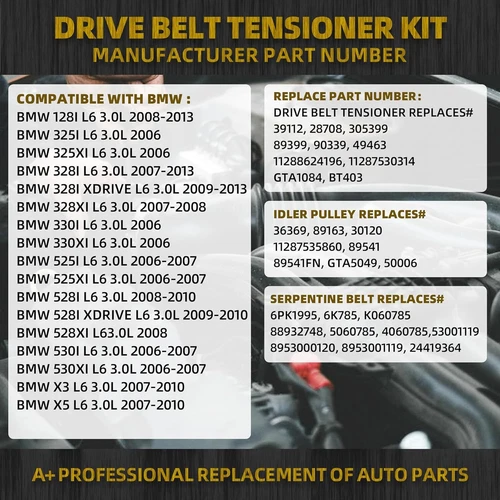 Serpentine Drive Belt Tensioner Kit For BMW 128i 325i 325xi 328i 328xi X3 N52 - Picture 6 of 12