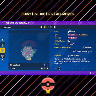 Shiny/non-shiny Spiritomb 6IV Pokémon Scarlet/violet 100% 