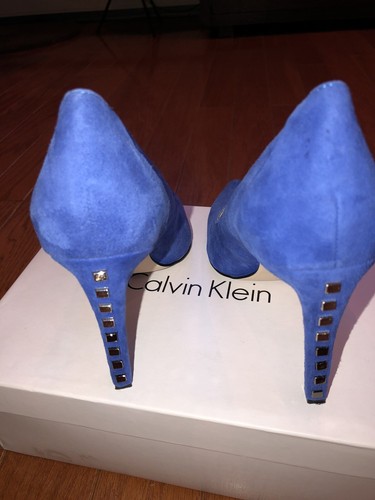 Calvin Klein Balina Electric Blue Periwinkle suede pointy toe pumps studded 7.5 - Picture 6 of 9