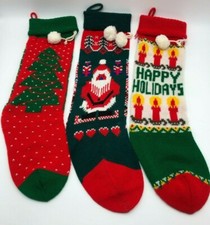 Vintage Knitted Christmas Stockings Santa, Tree, Happy Holidays Lot of 3