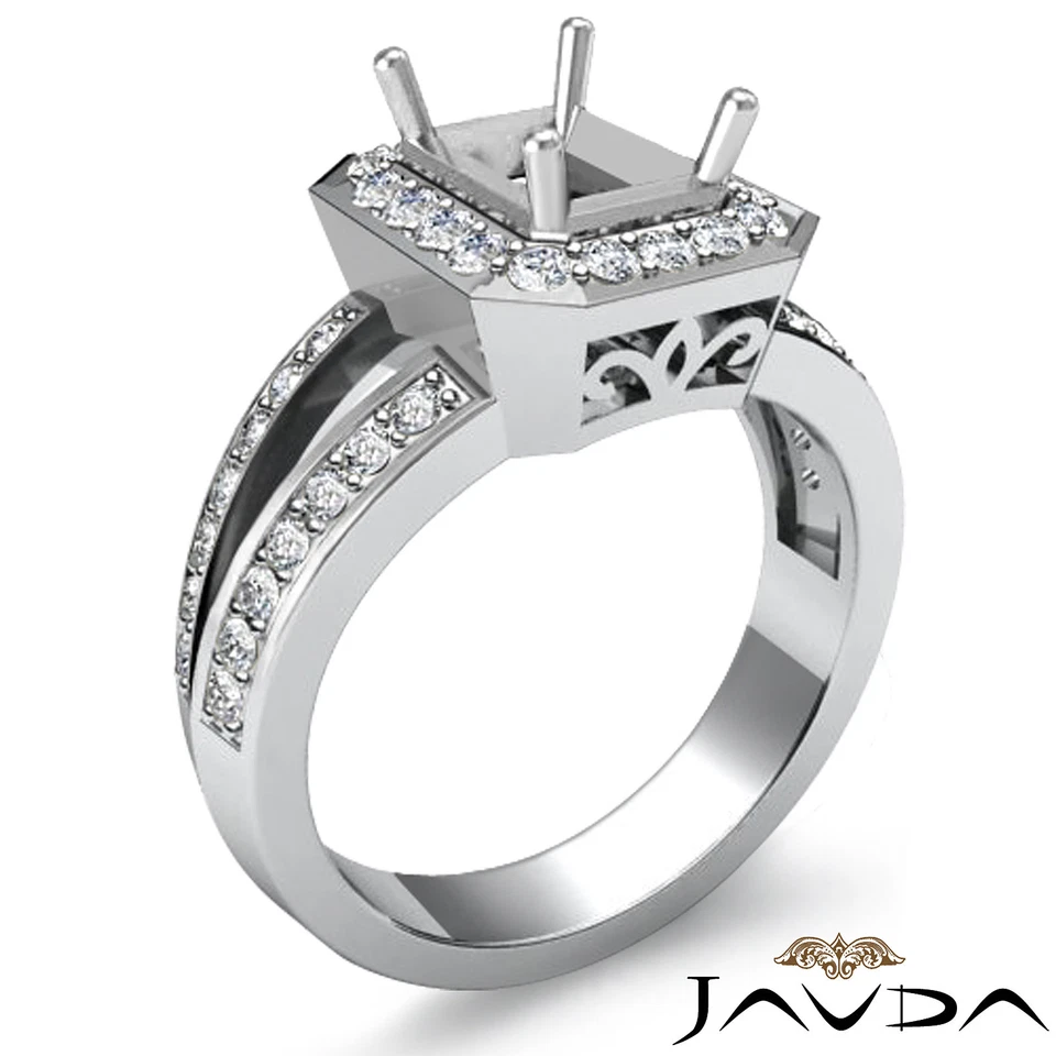 Halo Pave Emerald Split Shank Semi Mount Diamond Engagement Ring 14k Gold 0.6Ctw - Image 2 of 4