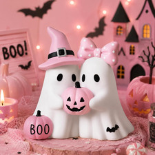 Halloween Ghost Figurine Resin Decor, Pink Ghost Decor with Pumpkin  Cute Ghost