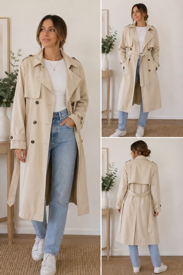 Ally Beige Trench Coat XL | Classic Belted Cotton Blend Jacket Neutral Capsule 