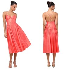 Lulus Paride Shiny Coral Gathered Lace-Up Midi Dress size Medium NWT