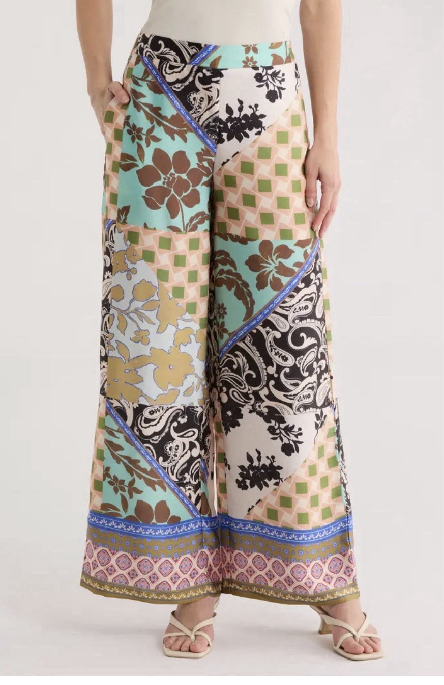 NWT ZARA SATIN EFFECT PATCHWORK PRINT HIGH WAIST PANTS sz L W/Pockets