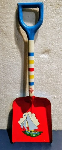 VTG Ohio Art Metal Tin Litho Sand Beach Child's Shovel Sail Boat Stripes 12"