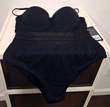 Women's Black Mesh Panel Underwired One-Piece Swimsuit Spaghetti Strap M