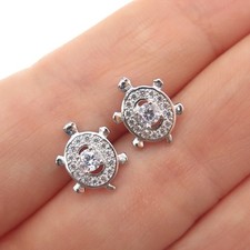 925 Sterling Silver Round-Cut C Z Turtle Stud Earrings