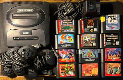 SEGA Genesis Console w/ 3 Controllers AC Adapter & 12 Games (as is) READ Descrip