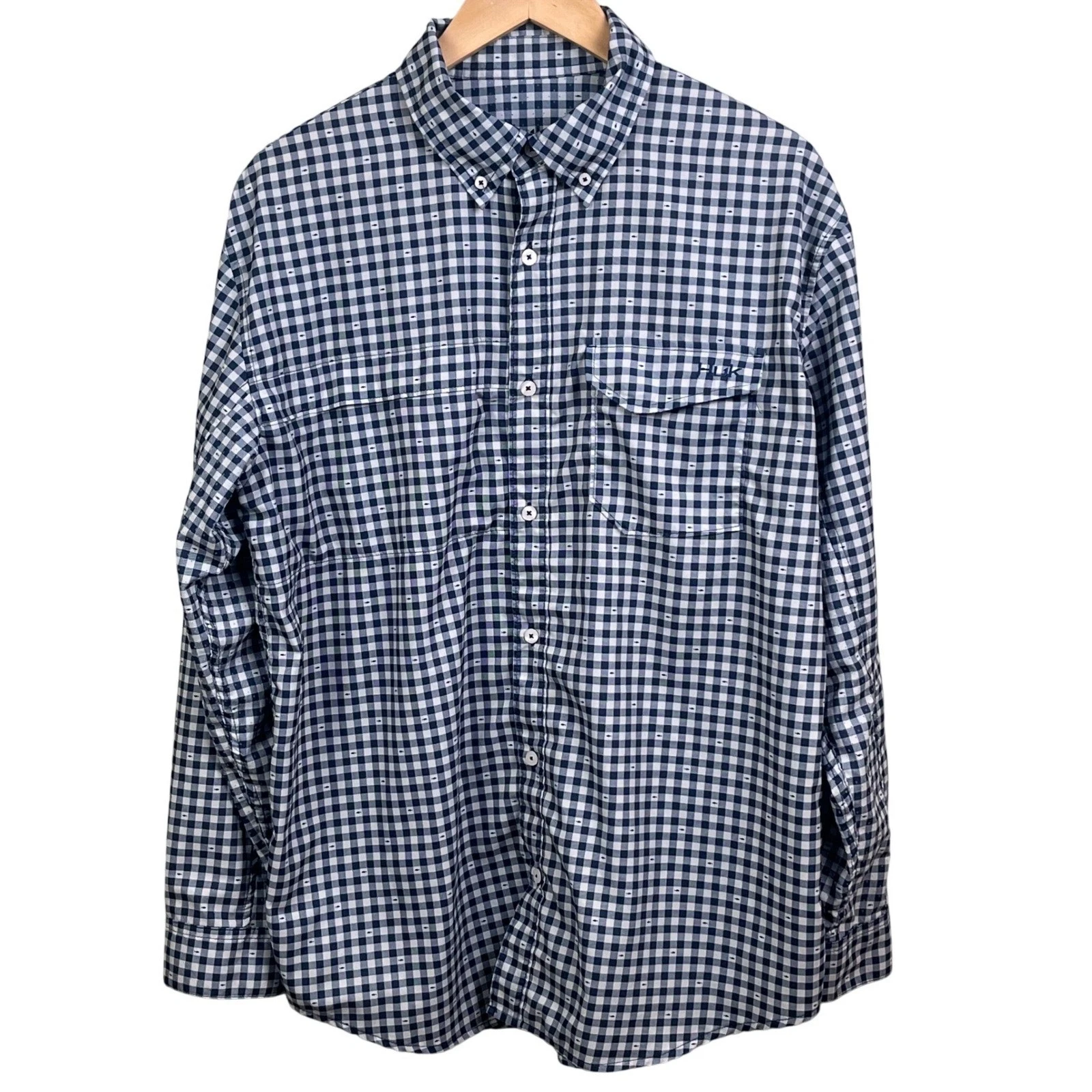 Huk Blue Gingham Check Fishing Shirt Fish Graphics Long Sleeve Performance Large