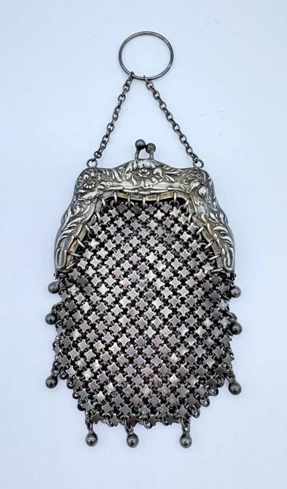 Antique Art Nouveau Whiting & Davis Sterling Silver Mesh Chatelaine Purse - Image 2 of 4