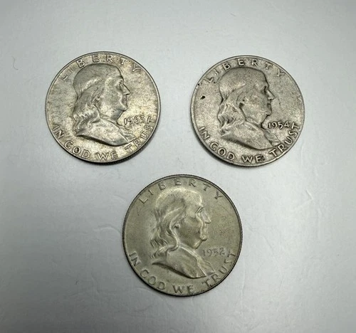 3x Franklin Half Dollars Silver 90% ALL “D” MINTS 1963, 1954, 1952, 50c, Bullion