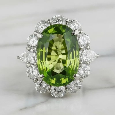 7.80Ct Natural Peridot &Diamond, Oval Cut Real 18K White gold Luxurious Ring