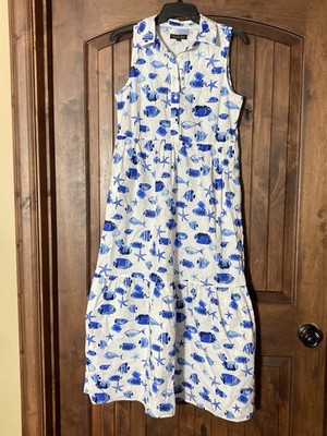 Rachel Zoe Sleeveless Womens Small Maxi Dress, White With Blue Beach Theme Print