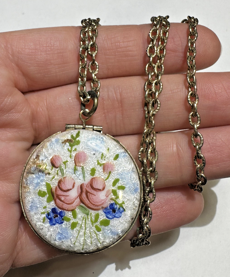 Hand Painted White Guilloche Enamel Pink Rose Locket Vintage
