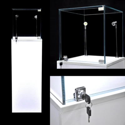 AMERICAN DRESS FORMS Glass Top White Pedestal Exhibition Display Showcase with LED Lights and Lock