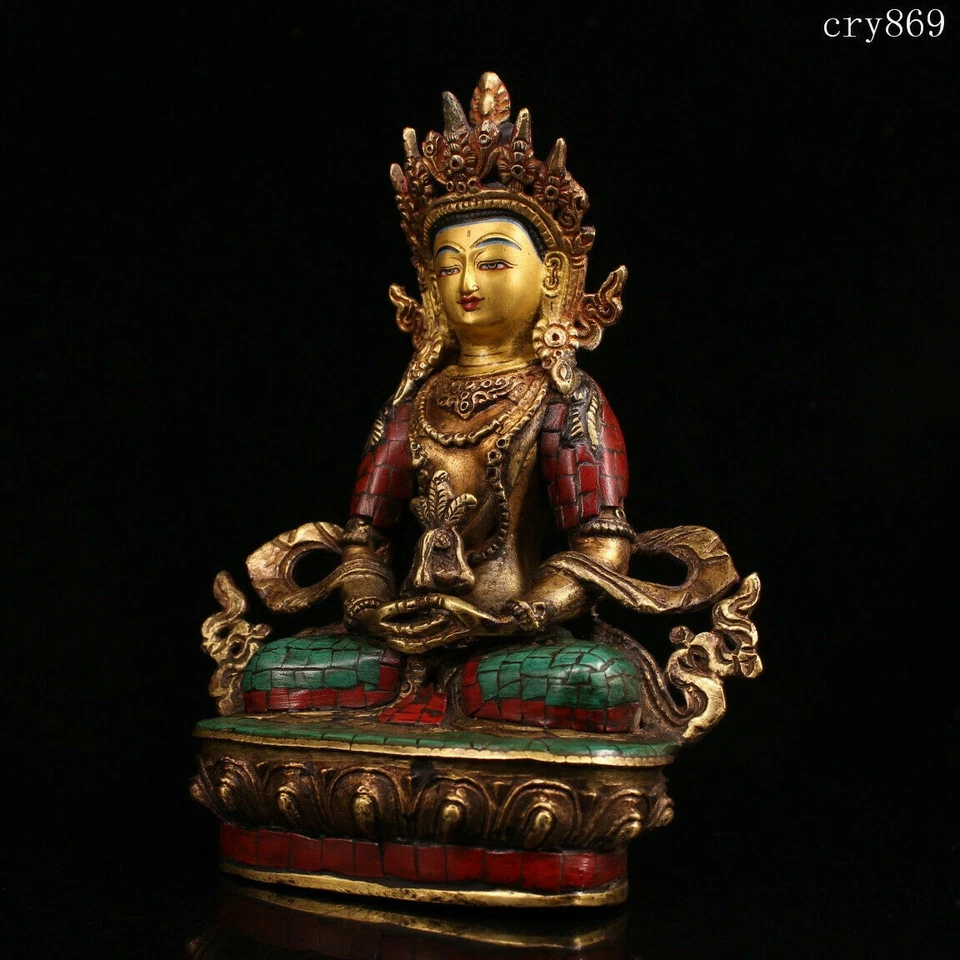 Raro Antiguo Templo Jokhang Tibetano Hecho a Mano con Incrustaciones con Gemas Estatua de Budismo Foto 3 de 4