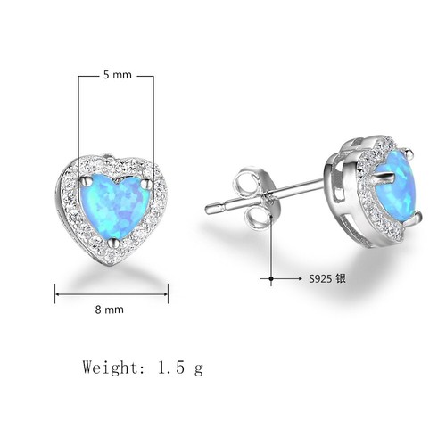 S925 Solid Sterling Silver Blue Fire Opal Oval Zirconia Heart Stud Earrings Gift - Picture 7 of 8