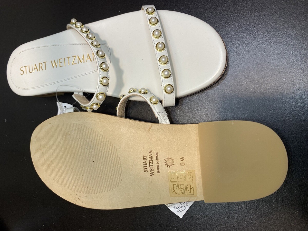 Stuart Weitzman Women's Ameliese Pearl White Flat Sandals