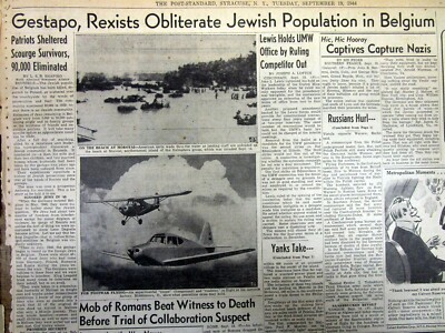1944 WW II HOLOCAUST headlne newspaper Nazis murder JEWISH POPULATION of BELGIUM