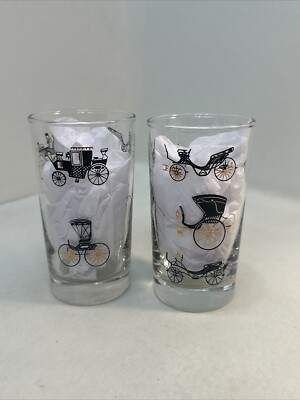 Libby Curio Juice Glasses Horse Buggy MCM Vtg Set of 2
