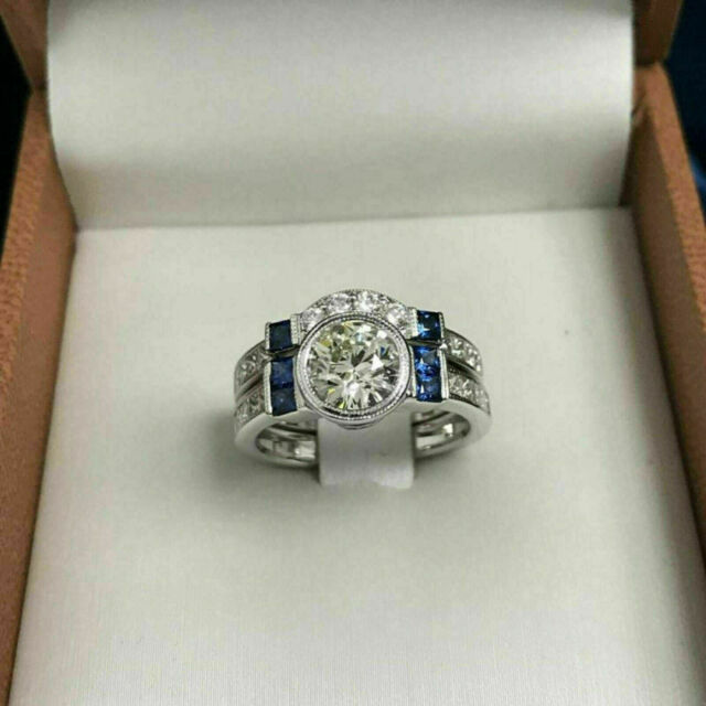 2.36 Ct White Round Moissanite and Blue Sapphire Bridal Ring Set 14K White Gold 2.36 Ct White Round Moissanite and Blue Sapphire Bridal Ring Set 14K White Gold
