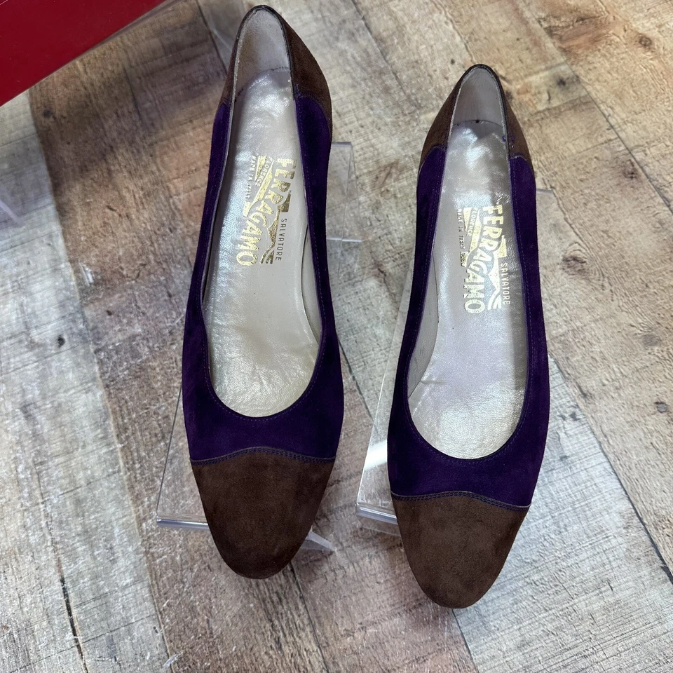 De Colección Salvatore Ferragamo Mujer Zapatos Gamuza Marrón Púrpura 8.5 AAAA Tacones ESTRECHOS Foto 4 de 4