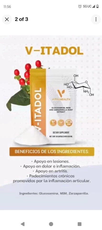 V - ITADOL By Vitalhealth 60 cápsulas por bolsa Exp 2027 Extracto de raíz de glucosamina Foto 3 de 4