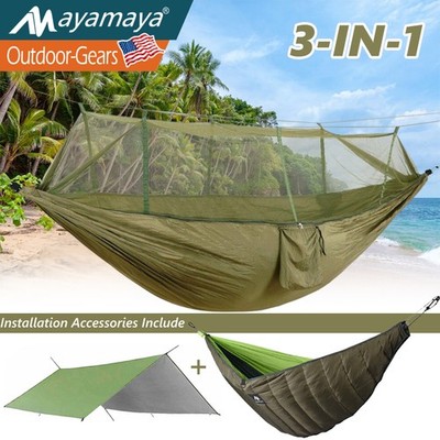 Camping Hammock w/Mosquito Net Tent/Rainfly Tarp Canopy/Underquilt Warm Blanket