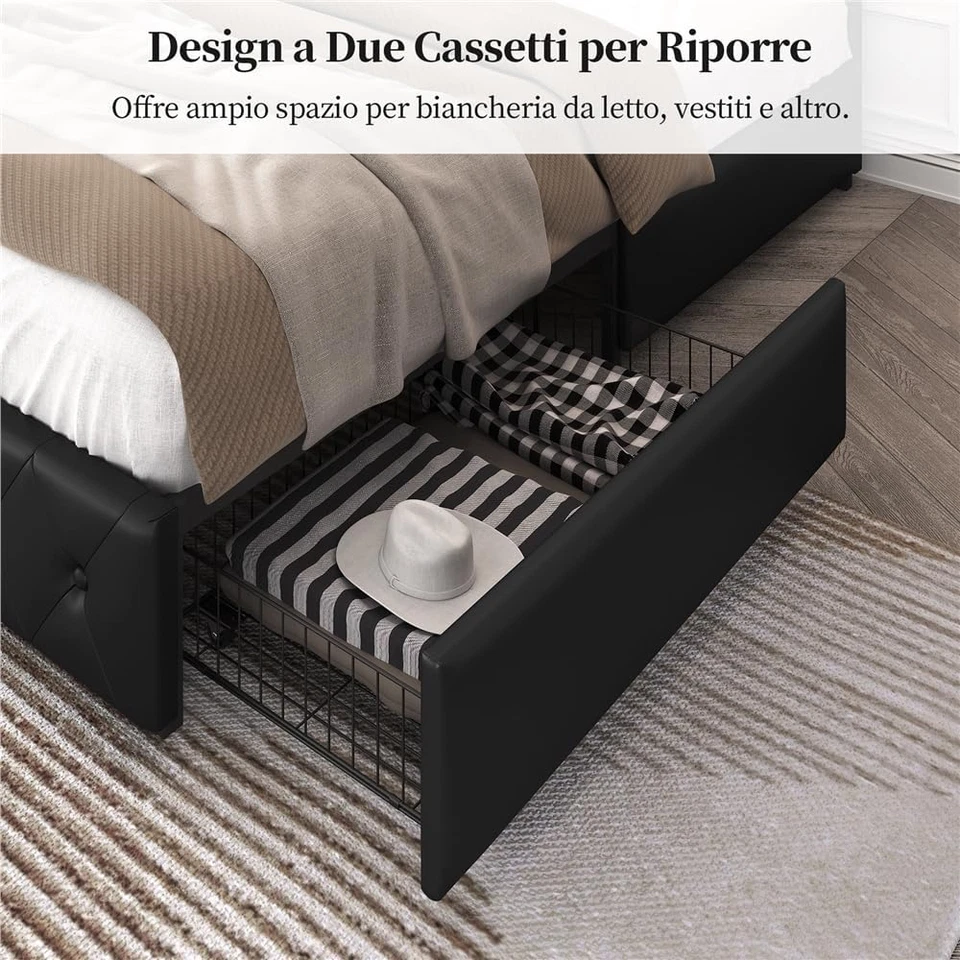 Letto Imbottito Matrimoniale 160 X 200 Cm Con 2 Cassetti Letto Contenitore Con S - Immagine 3 di 4