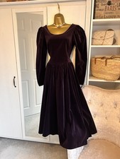 Laura Ashley Purple Velvet Midi Dress UK 16 Vintage Victorian Goth Medieval