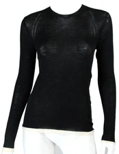 LANVIN Black Wool Knit Semi-Sheer Cream Trim Crewneck Pullover Sweater S