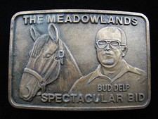 RF13159 VINTAGE 1970s THE MEADOWLANDS BUD DELP SPECTACULAR BID BELT BUCKLE
