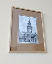 Original Schwarz Weiß Architektur Tuschezeichnung A3 Gerahmt Wandbild Alt Europa
