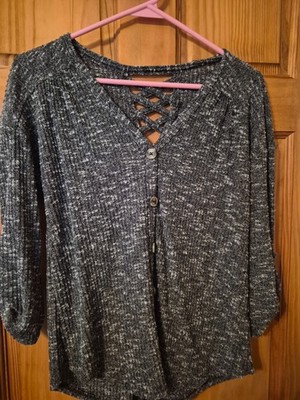 No Boundaries Cardigan Sweater 3/4 Sleeves Button Gray White Black Size S