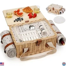 HappyPicnic Picnic Basket for 2, Handmade Wicker Picnic Set with Folding Table