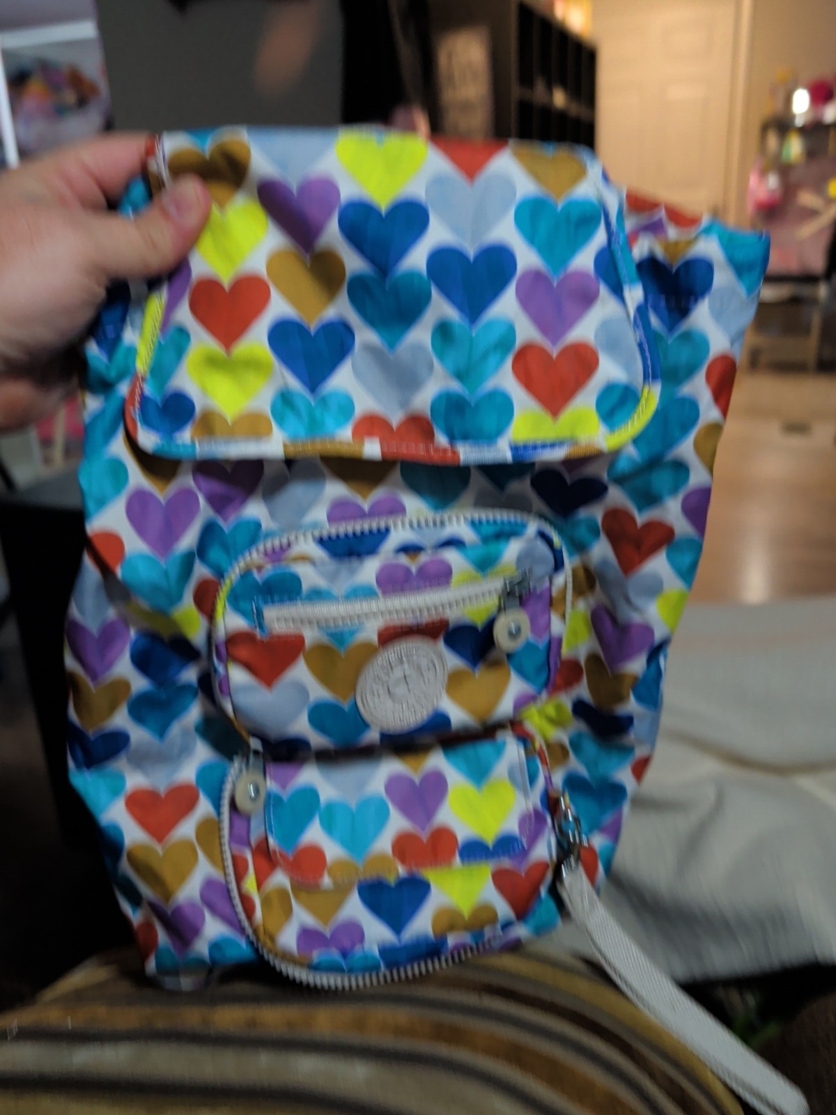 Kipling Packable Backpack Wristlet rainbow heart … - image 1