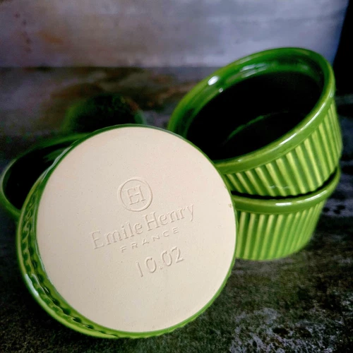 4 Emile Henry Sage Green Ramekin Custard Soufflé Dishes Ceramic France 10.02