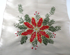 Poinsettia Christmas Table Runner Hand Stitched Tan 72" x 13" Shiny Metallic
